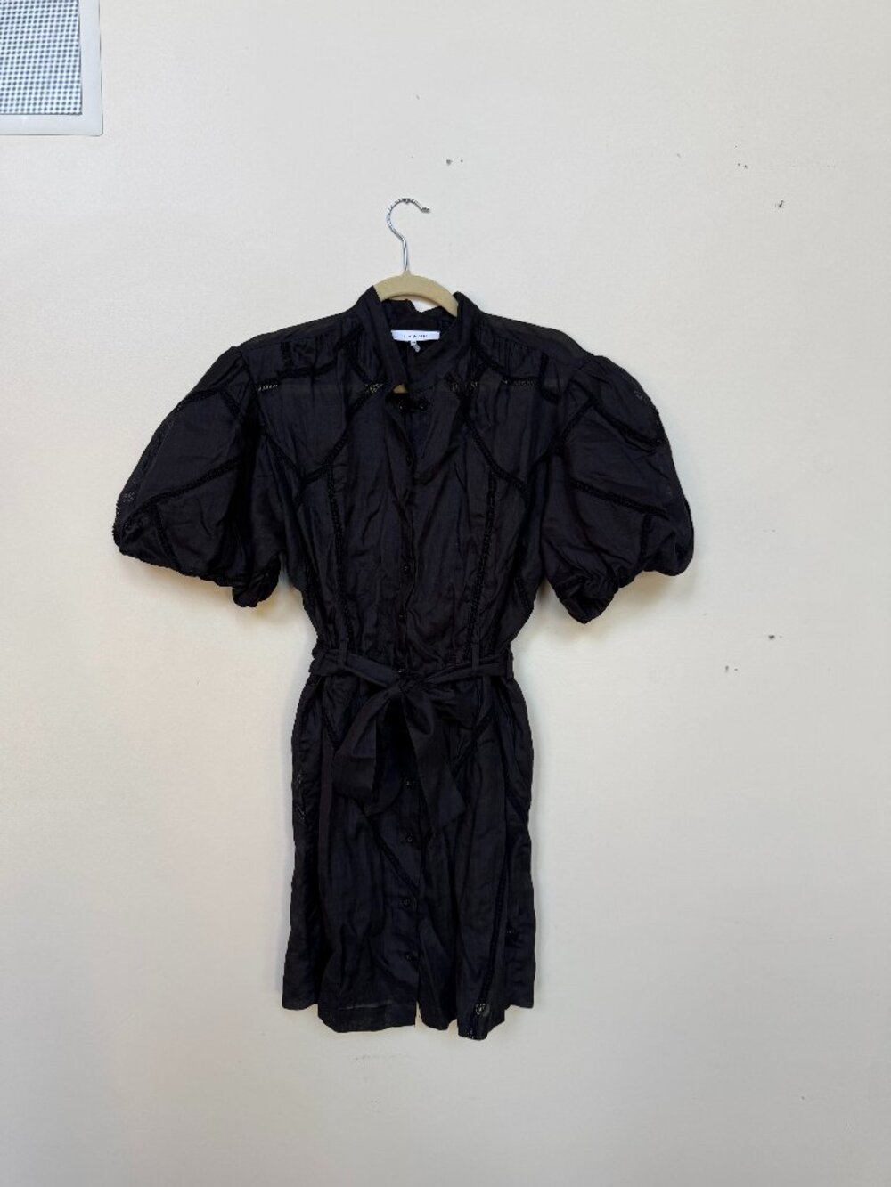 FRAME Black Linen Puff Sleeve Lace Shirt Dress Belted S